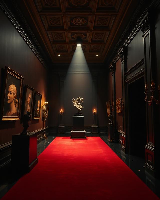 Museumgalerij met uitgelicht beeld en rode loper